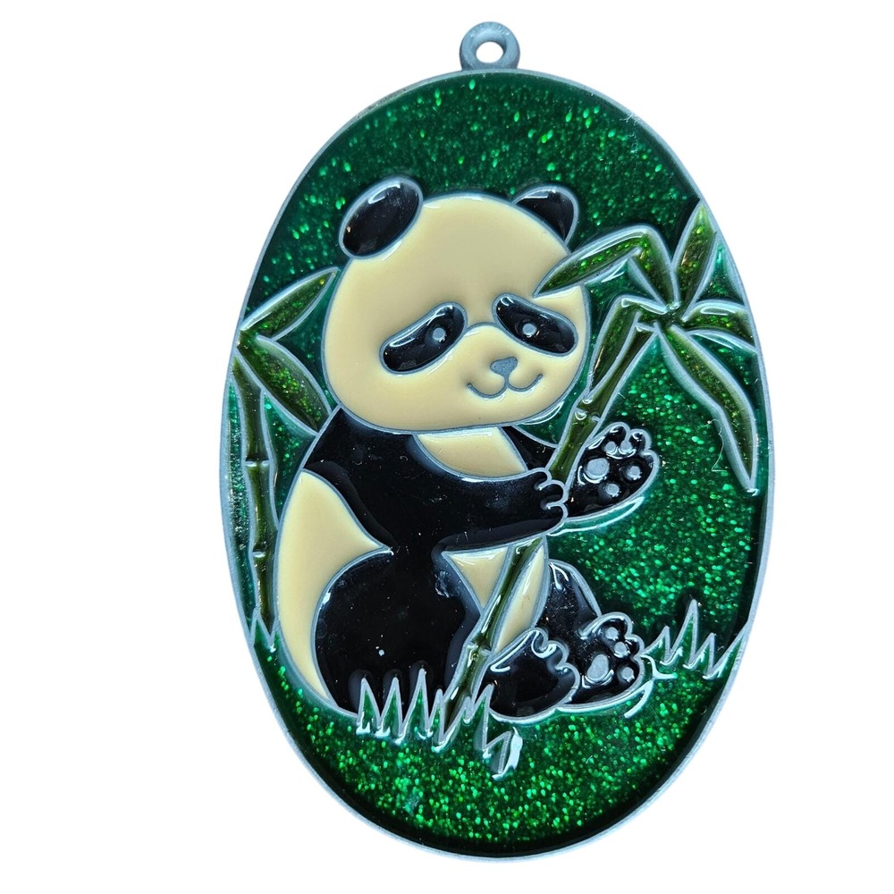 Panda Bear Bamboo Glitter Suncatcher Ornament Green Oval Faux Stained Glass Vtg